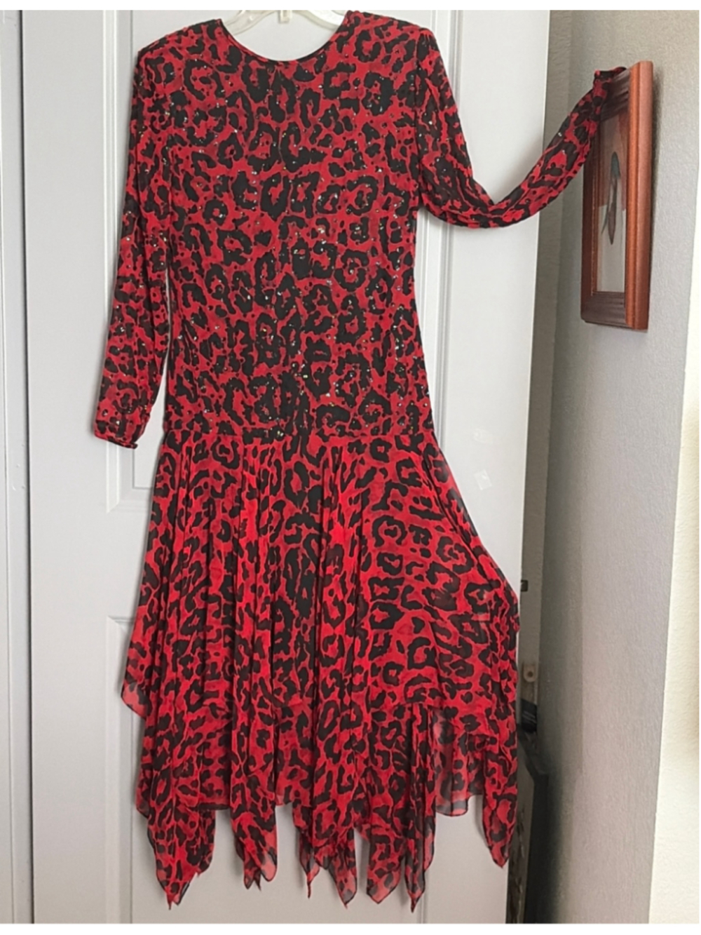 VTG 80s AJ Bari Red Leopard Sequin Chiffon Dress ILGWU Small Pit to Pit 18 (S)